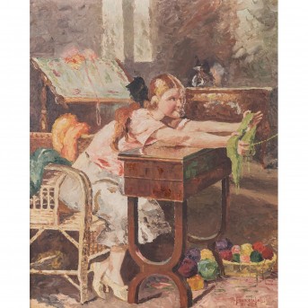 FRANCESCHELLI, A. (Italian artist of the 19th/20th c.), "Girl at the sewing table",