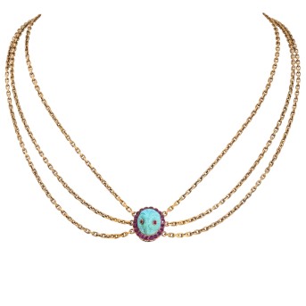 Collier, 3-reihig, Mittelteil mit geschnitzten Türkis, Eulenkopf darstellend,