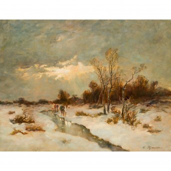 THOMASSIN, L. (?, artist 19th/20th c.), 'Winter landscape with hunters at a brook',