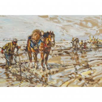 SEYLER, JULIUS (1873-1958), "Shrimp fishermen with horses on the beach",
