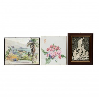 3 small, framed pictures, JAPAN and INDIA-PERSIA: