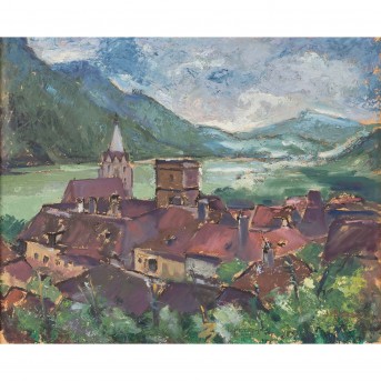 MALER DES 20. JAHRHUNDERTS 'Stadt am Ufer eines Bergsees'.