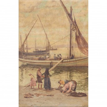 MEYER-WALDECK, KUNZ (1859-1953), 'Shell collectors and sailing ships on the beach',