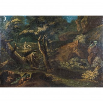 MALER/IN des Alpenraumes 18. Jh., wohl Schweiz, 'Nächtliche Wildschwein-Jagd',