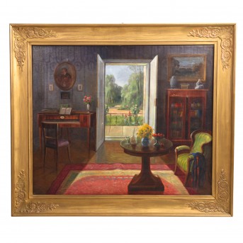 Maler(in) des 19./20. Jh. 'Interieur mit Blick in einen Garten'.