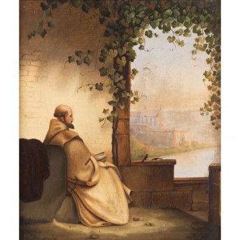 ENGLISH PAINTER OF THE 20TH CENTURY 'Reading monk in the shade of a vine'.
