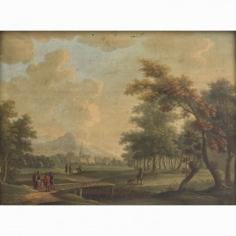 NIEDERLÄNDISCHER MALER 17./18. Jh., 'Wanderer und Jäger in Flusslandschaft',