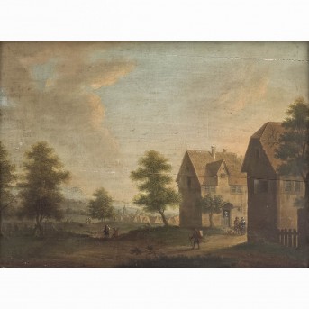 NIEDERLÄNDISCHER MALER 17./18. Jh., 'Wanderer vor dem Wirtshaus und in weiter Landschaft',