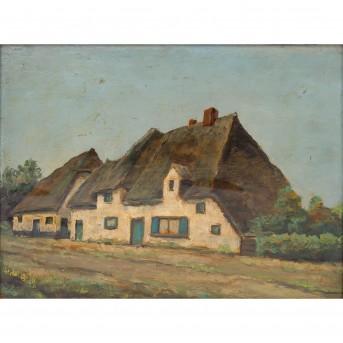 BOCK, THÉOPHILE DE (1851-1904) "Thatched roof houses under a blue sky",