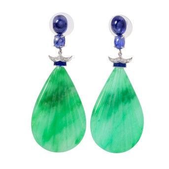 Paar Ohrhänger mit Saphircabochons,