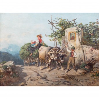VAN DER VENNE, FRITZ (1873-1936) 'Peasant couple with ox cart' 1891