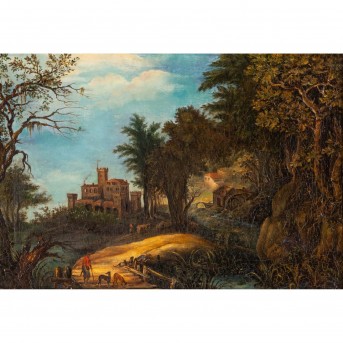 PAINTER/IN 18th/19th century, 'Hunters and shepherds in an ideal landscape with castle',