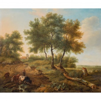 SCHULE DES XIX JAHRHUNDERT 'Hirte mit Kühen am Flussufer'