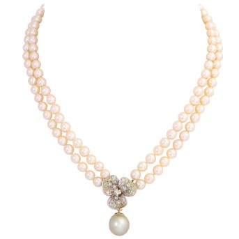 Pearl necklace, double row, with flower centerpiece,
