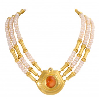 Necklace with fire opal matrix, diamond and 144 freshwater pearls,