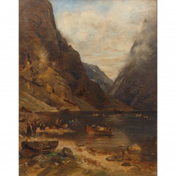 MALER/IN 19. Jh., 'Boote bei der Überfahrt auf einem Gebirgssee oder Fjord',