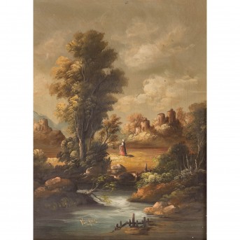 VAN ROS (Maler/in 19./20. Jh., 'Dame in Flusslandschaft mit Burgen und Schlössern',