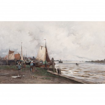 KAMPF, EUGEN (1861-1933), 'Fischer und Frauen im Bootshafen vor dem Dorf',