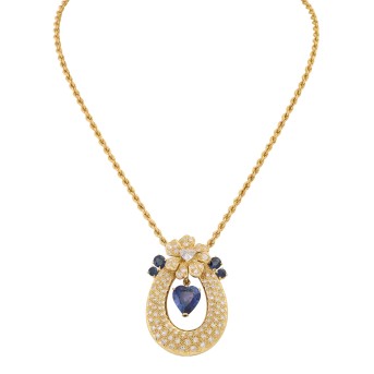 Necklace with fine sapphire heart approx. 4 ct, diamond heart approx. 0.5 ct, 