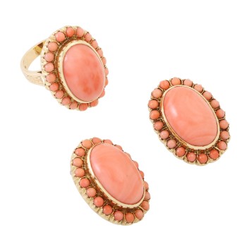 Set Ring und Ohrclips mit Edelkoralle,