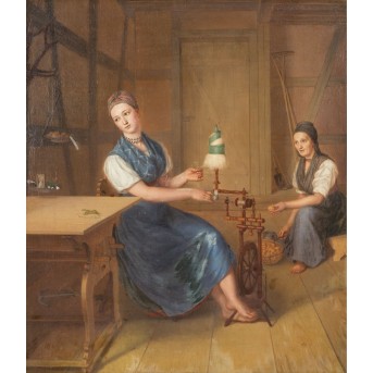 A 19th CENTURY ALPENELAND GENREMALIST 'Young woman at the spinning wheel in a farmhouse parlor'