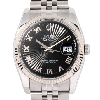ROLEX Datejust 36 'Black Sunbeam Dial' Ref 116234 Herrenuhr. LC100. Box und Papiere. 