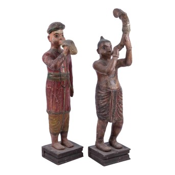 Two folk musicians made of wood. INDIA, mid 20th century,