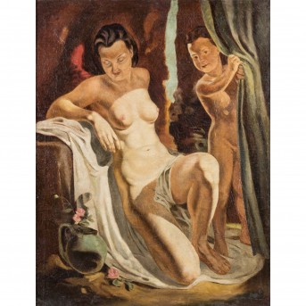 MALER DES XX JAHRHUNDERTS 'Frau und Mädchen im Badehaus'.