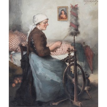 FRANK-KRAUSS, ROBERT (1893-1950), 'Bäuerin beim Spinnen in der Stube',