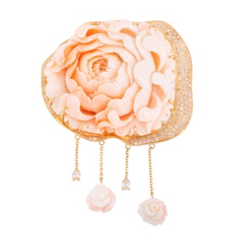 Unikatbrosche aus Edelkoralle 'Pfingstrose',