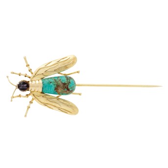 Lapel pin 'Bee' with turquoise drops,