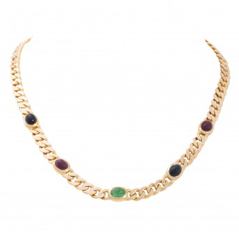 Panzerkette mit  2 Saphir-, 2 Rubin-, 1 Smaragdcabochon,