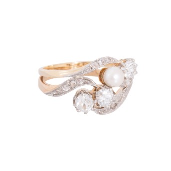 Ring mit Zuchtperle, 3 Altschliffdiamanten und 15 Diamantrosen,