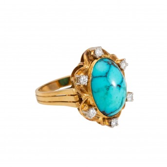 Ring with oval turquoise and 6 brilliant-cut diamonds totaling approx. 0.3 ct, 