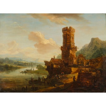 SCHÜTZ, Christian Georg, ATTRIBUIERT (C.G.S.: 1718 - 1791), "Befestigtes Städtchen an einem Flusslauf", 18. Jh.,