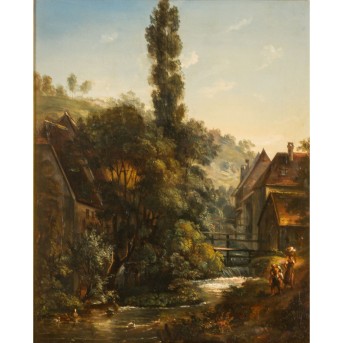 SCHULE DES XIX JAHRHUNDERTS 'Dorf mit spielenden Kindern am Ufer eines Baches'