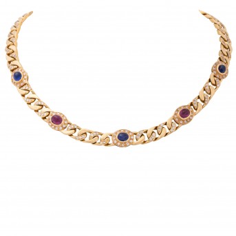 Collier mit 3 Saphircabochons, 2 Rubincabochons,