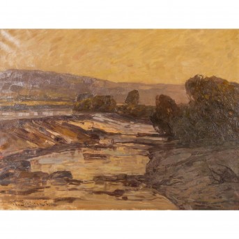 SCHICKHARDT, KARL (1866-1933), 'River landscape with barrage', probably on the Rhine,