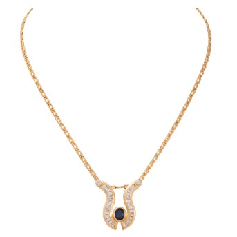 Collier mit oval fac. Saphir und Diamanten zus. ca. 1,5 ct,