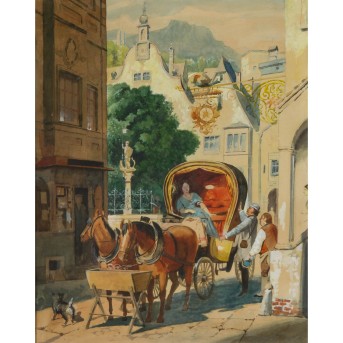 AQUARELLIST DES 20.JH. 'Kutsche vor dem Eingang eines Gasthauses'