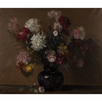 FAURE, AMANDUS (1874-1931), 'Still life with a bouquet of chrysanthemums in a dark blue vase',