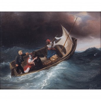 MONOGRAMMIST B. de R. (19th century artist), reverse glass painting 'Shipwrecked on the high seas', 1835,