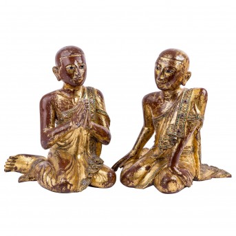 Paar exzellente Mönche aus Holz. BURMA, 19. Jh., Mandalay Periode.