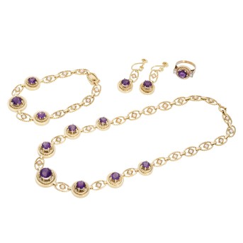 Jewelry set of 4 pieces with amethysts and semi-pearls, 