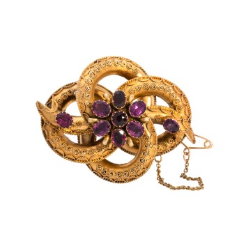 Historische Schleifenbrosche mit Granatbesatz: