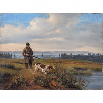 MALER 19./20. Jh., 'Jäger mit Hund am Ufer eines Weihers',