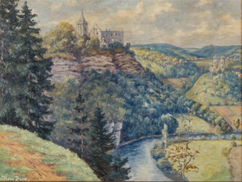 BUSSE, HANS (1867-1914), &quot;Landscape with castles above a river valley&quot;, probably on the Rhine,