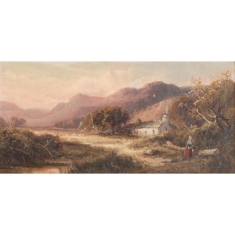 SEYMOUR, TOM (1844-1904) 'Sunset with farm and woman on a tree stump'