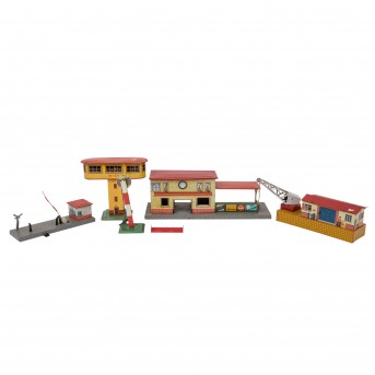 HWN 5-piece set of sheet metal buildings and accessories, mid 20th century