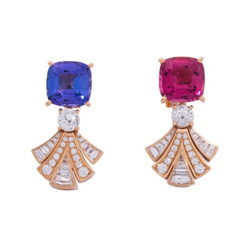 BULGARI clip earrings with 2 colored stones and diamonds totalling approx. 2.5 ct, 